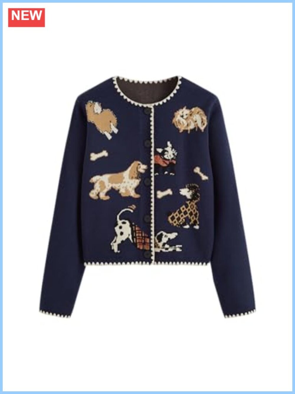 Cropped Cardigan Sweater Women Cute Puppy Knit Button Crew Neck
